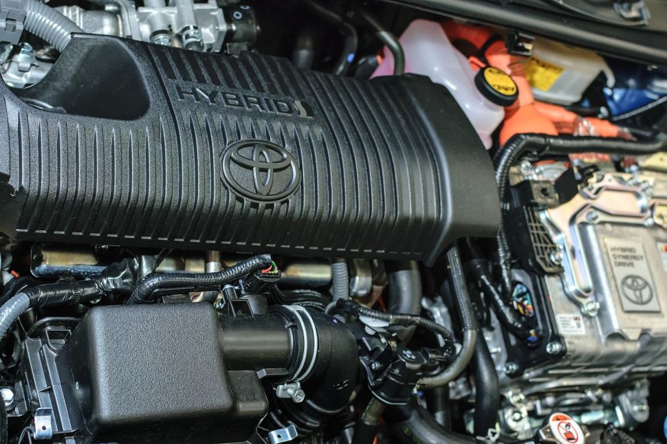 Under the hood of the hybrid Toyota - engine view